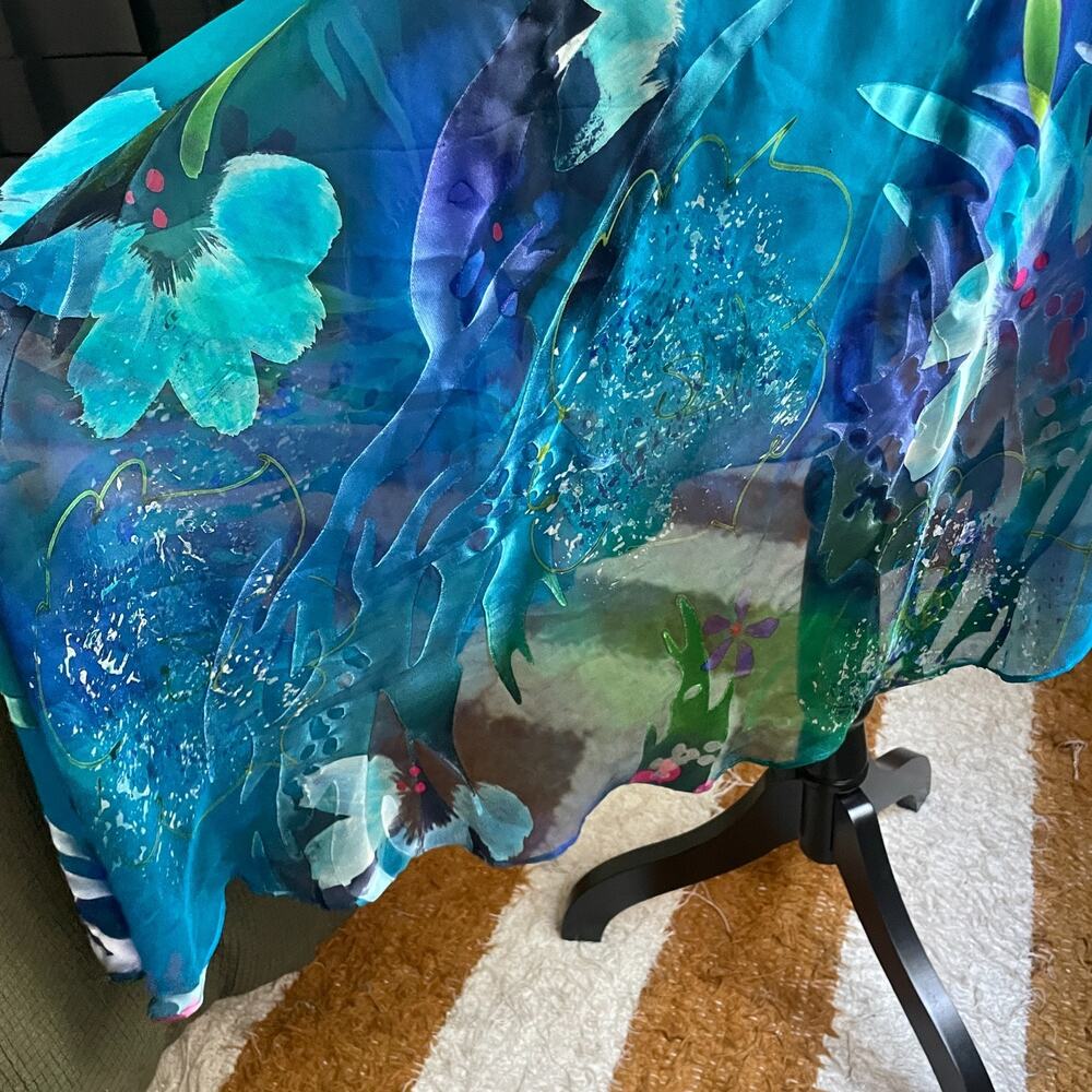 Simply Silk Blue Floral Mermaid Medium Abstract Blue Green Tropical Poncho - Picture 5 of 9